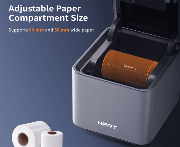 POS receipt printer with adjustable paper compartment for 58mm and 80mm rolls